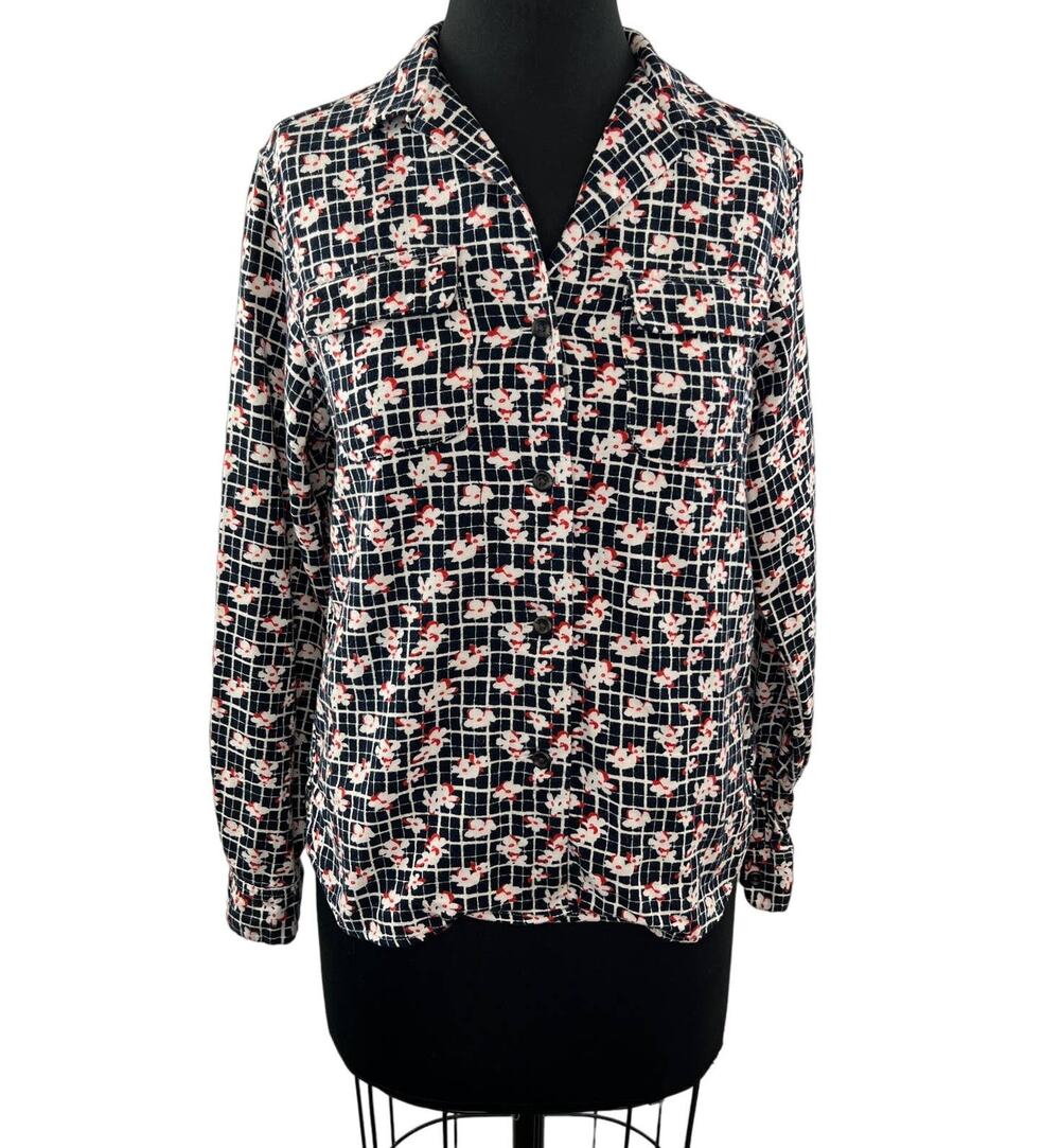 Ines De La Fressange x Uniqlo Black White Floral Button-Down Flannel Shirt Sz S